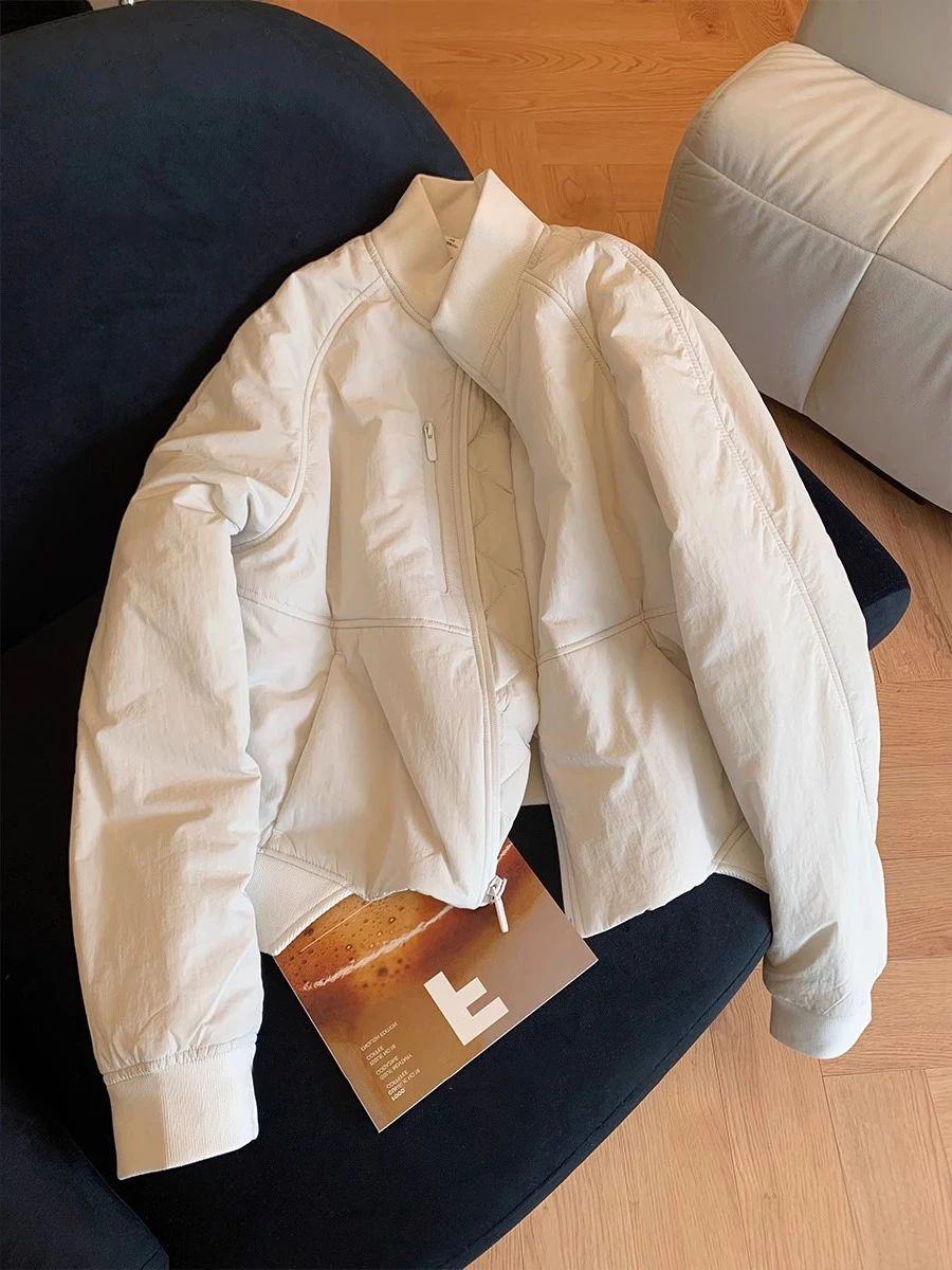 

Korean Sle Women's Pilot Jaet Zipper Collar Cotton Coat Autumn Winter Versatile Slimming Outerwear Long Sve Regular Fit