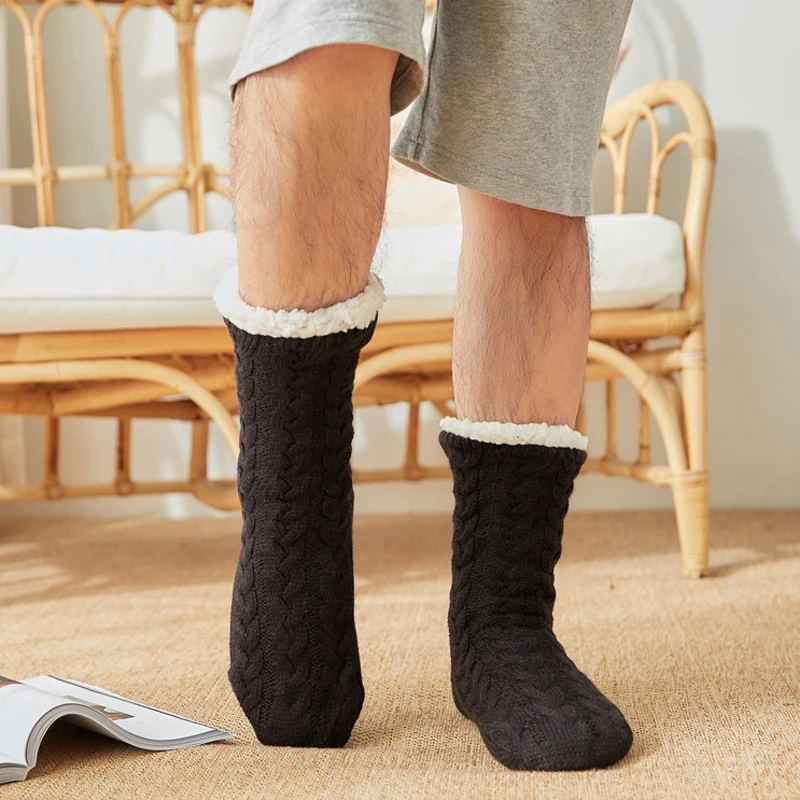 

Thermal Socks Mens Winter warm Home Soft Male Cotton Thickened Plus Velvet Sleeping Anti Skid Grip Short Floor Slipper Sock