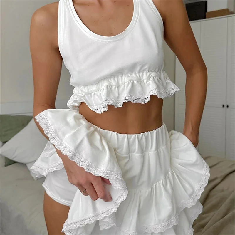 

European American Comfortable Breathable Sleepwear Women Summer Vest Shorts Set Lace Trim Home Clothes Casual Daily Loungewear