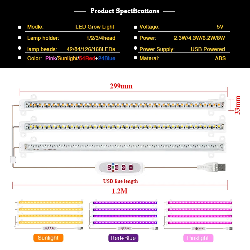 LED Grow Light Full Spectrum 30cm 5V USB Plant Growing Light Bar Phytolamp for Indoor Plants Flower Seedling Greenhouses Tent