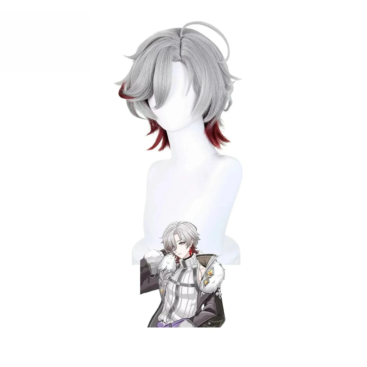 

Illuga Genshin Impact Game Новый женский и мужской парик для косплея, серый и красный полосатый парик с короткими волосами, крутой вечерние карнавал, Хэллоуин