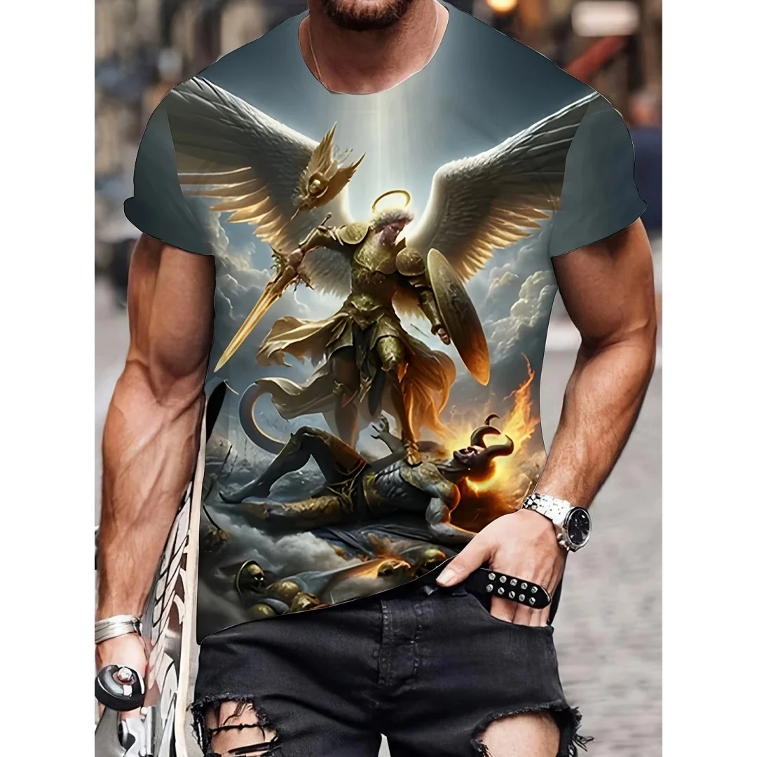 Men's Archangel Saint Michael T-Shirt 3D Full Print Religious Warrior Angel Pattern T-Shirt Christian Faith Short Sleeved Top view 6
