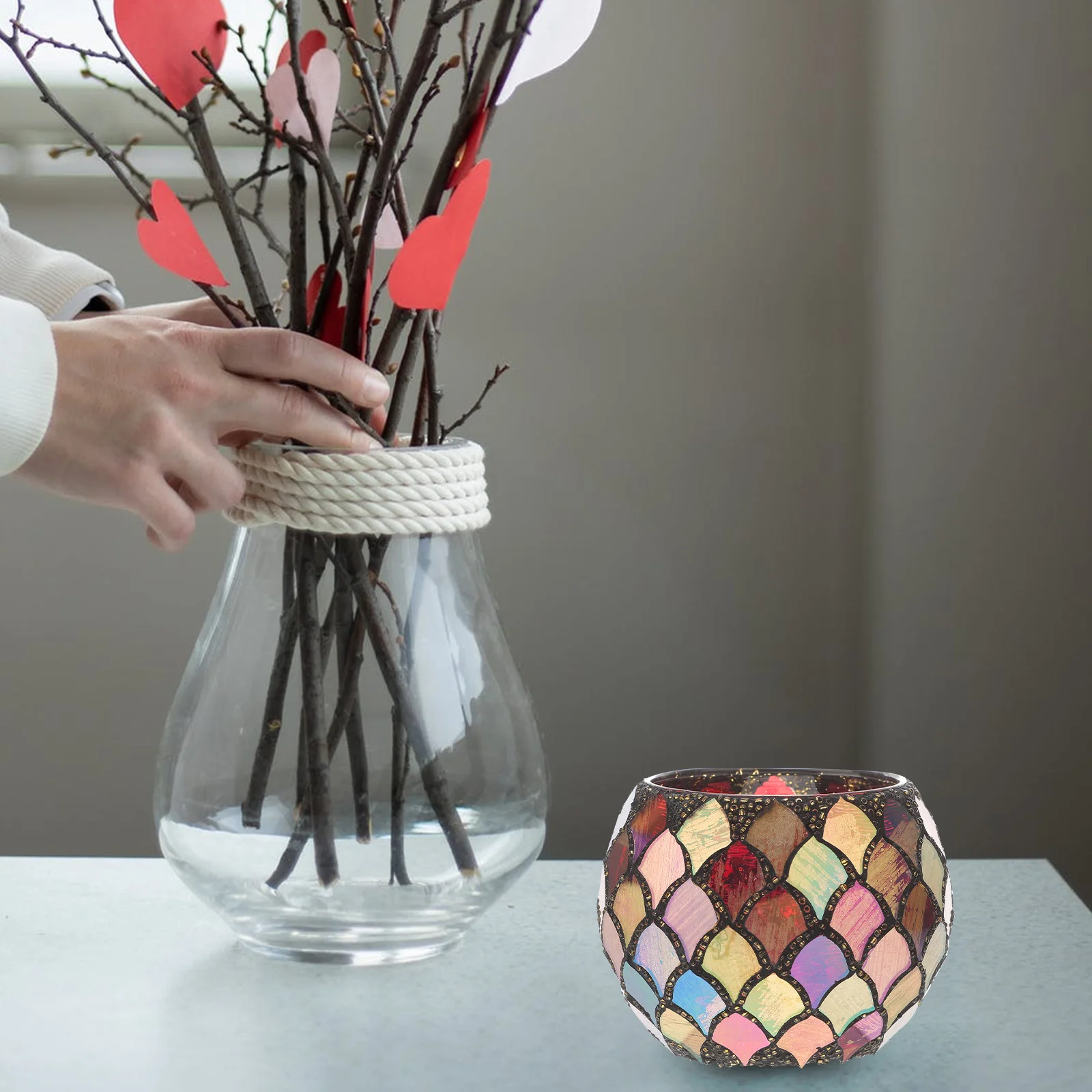 

Glass Holder Bowl Shape Mosaic Style for Tealight Candles Bedroom Dining Office Decorative Votive