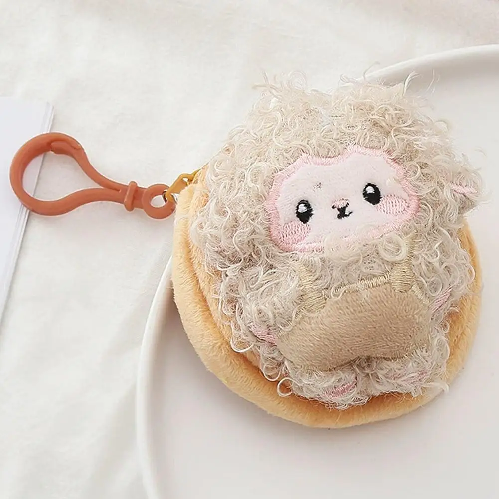 Cute Curly Sheep Plush Coin Purse Mini Round Zipper Earbud Storage Bag Cartoon Lamb Keychain Pouch Backpack Hanging Wallet Gift