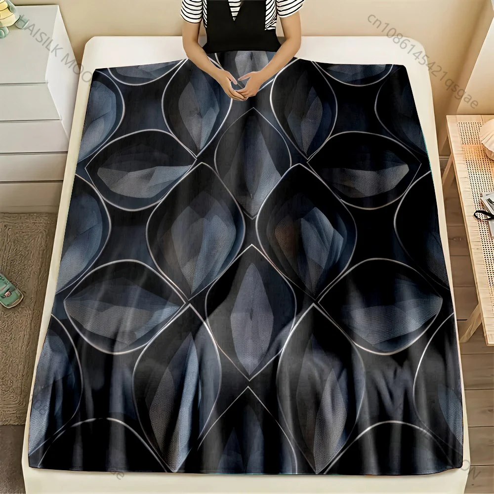 HD Black Geometric Overlapping Lotus Shapes Pattern Blanket Flannel Material Soft Warm for All Seasons, Home Outdoor Camping