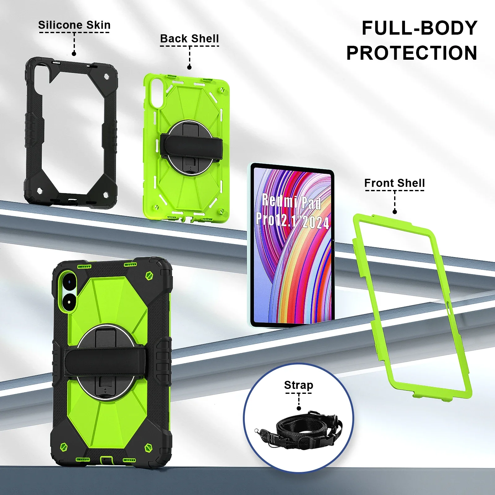 حافظة حماية للكمبيوتر اللوحي موديل A2 لهاتف Redmi Pad Pro/Pad2/Xiaomi Poco Pad 12.1 حامل + حزام كتف كروس غطاء مضاد للسقوط