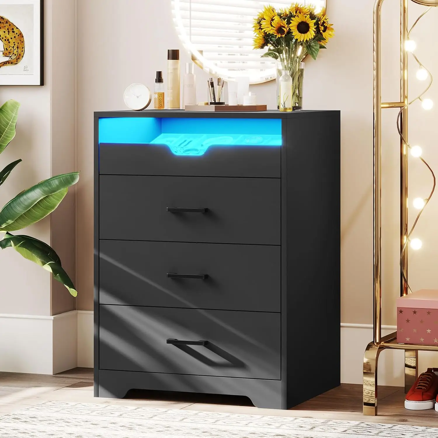 Dresser with LED Lights for Bedroom, Tall Dresser with 3 Drawers and Pull-Out Tray, Black Chest