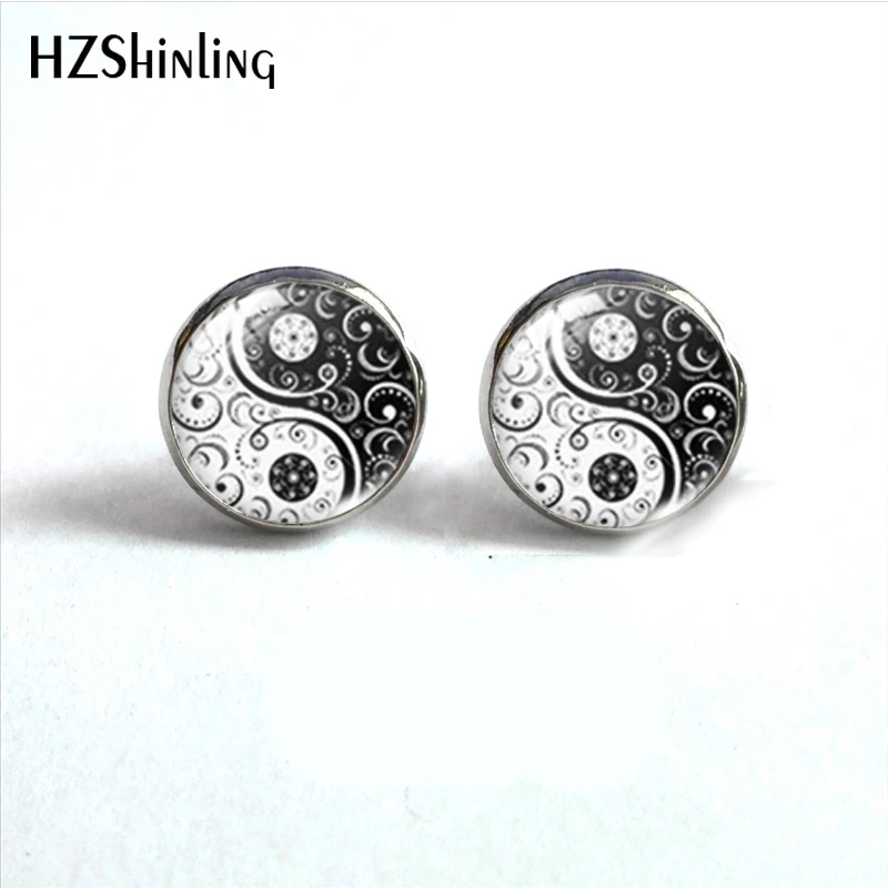 2023 New Arrival Fashion Yin Yang Tai Chi Animals Glass Dome Round Stainless Steel Earring Jewelry Handmade Stud Earrings