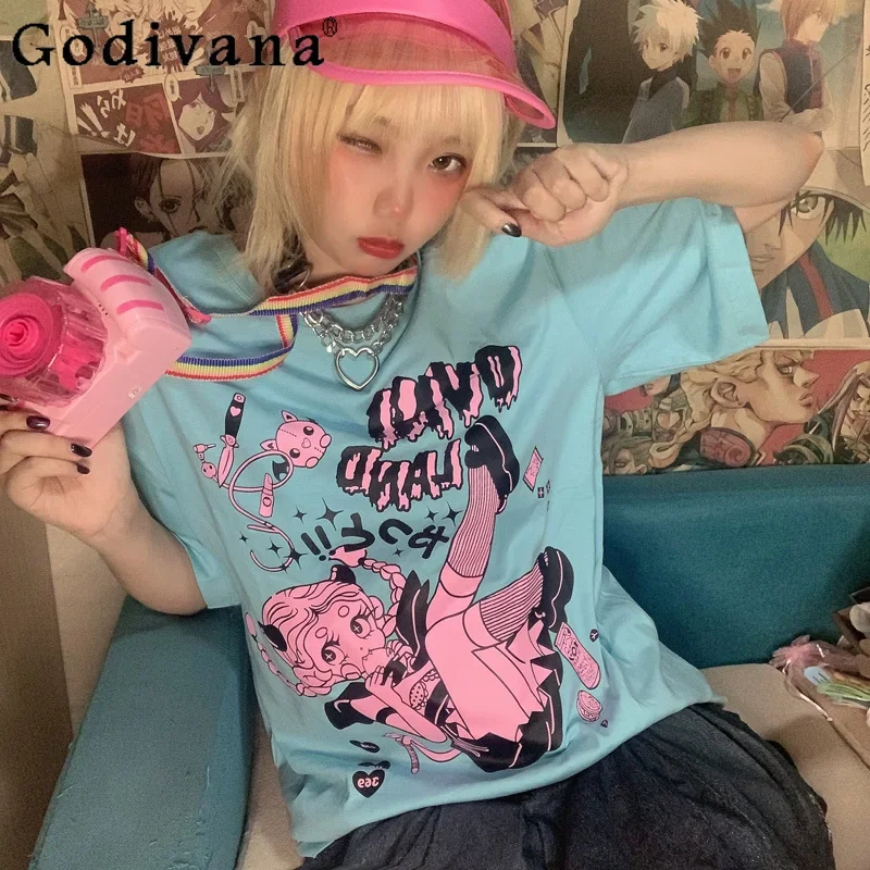 

Japanese Original Anime Print Loose T-shirt Girl Vintage Original O-Neck T-shirt Women Summer New Fashion Casual Y2k T-shirts