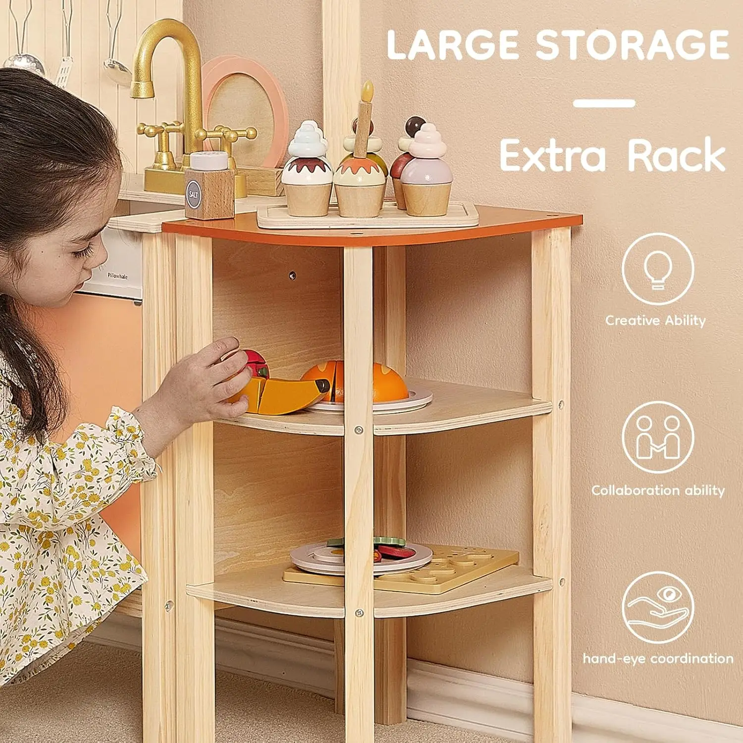 Juego de cocina de juguete de madera para niños, juego de cocina con platos de juego, fregadero de juego, horno microondas, utensilios de cocina Ac