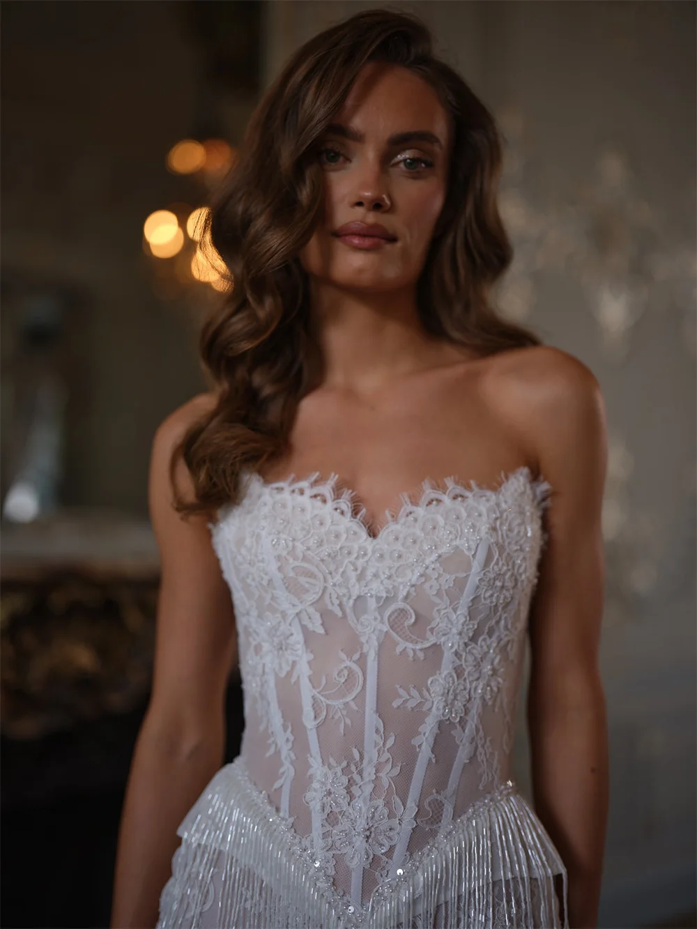 فستان زفاف كيوتو مخصص رائع من الدانتيل ثنيات هامش فستان زفاف صغير بدون حمالات فيستدوس دي نوفيا غمد زهري بعد الحفلات 2025 #4