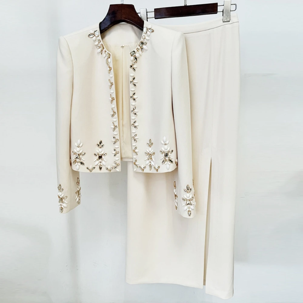 2024 New luxury fashion Celebrity Fashion Heavy Beaded Cardigan blazer jacket and Split Midi Skirt Set, Two-Piece set