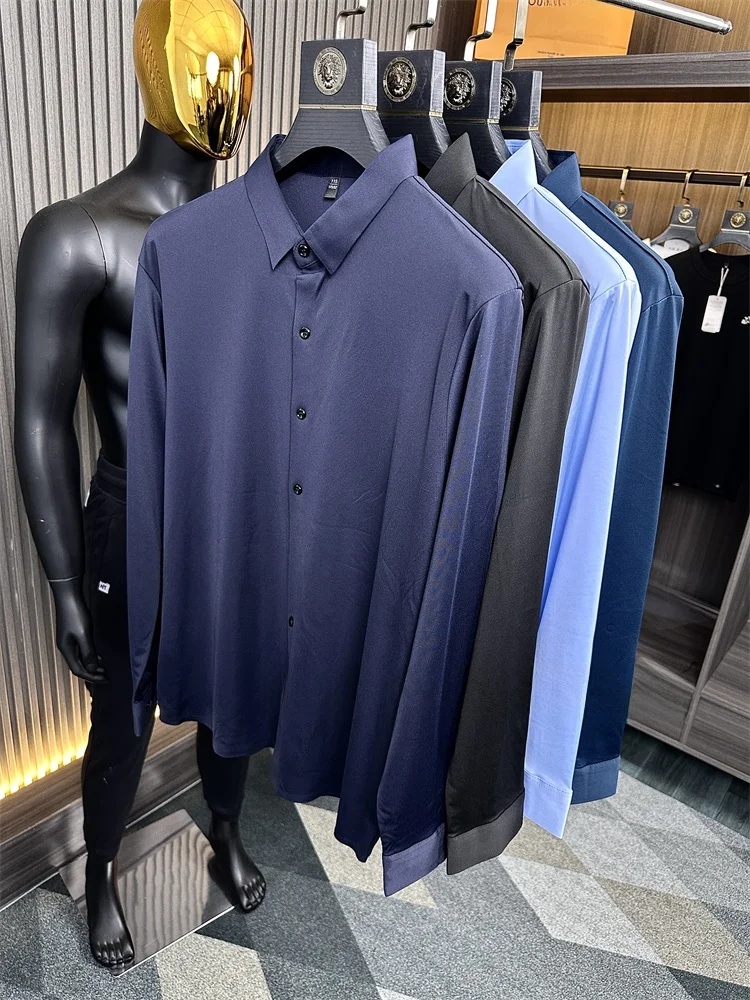 Ice Silk Seamless Cutting Men's Long Sleeve Casual Shirt  Collar Trendy Autumn Business Light Weighted Flip Collar Top