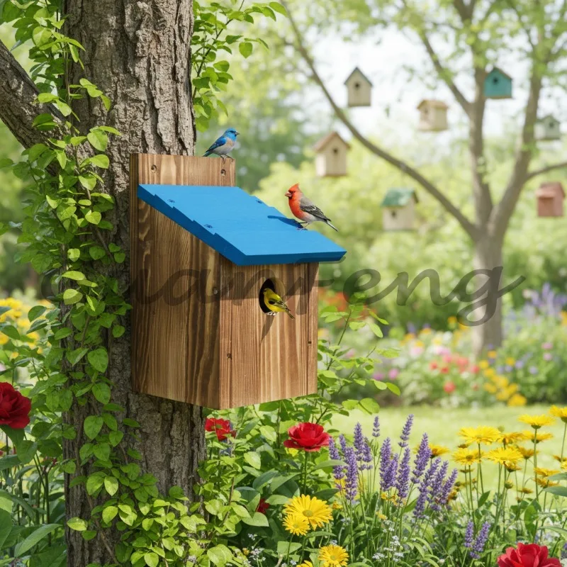 Modern pine nest box for wrens, greyfinches, hummingbirds and parakeets - outdoor birdhouse with habitat