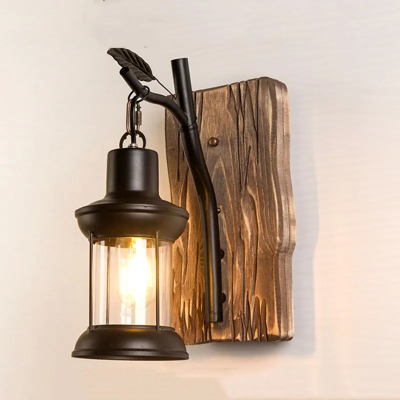 

Loft Vintage Wood Wall Lamp American Industrial Restaurant Bar Iron Wall Lamp Living Room Corridor Staircase Glass Wall Light