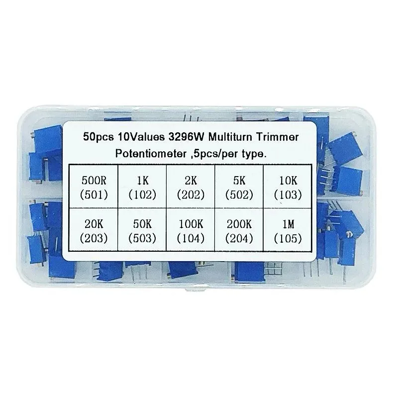 Kit de potenciómetro recortador multivuelta de 3296W, 50 unids/lote, resistencia Variable 3296 de alta precisión con caja gratis, kit electrónico diy