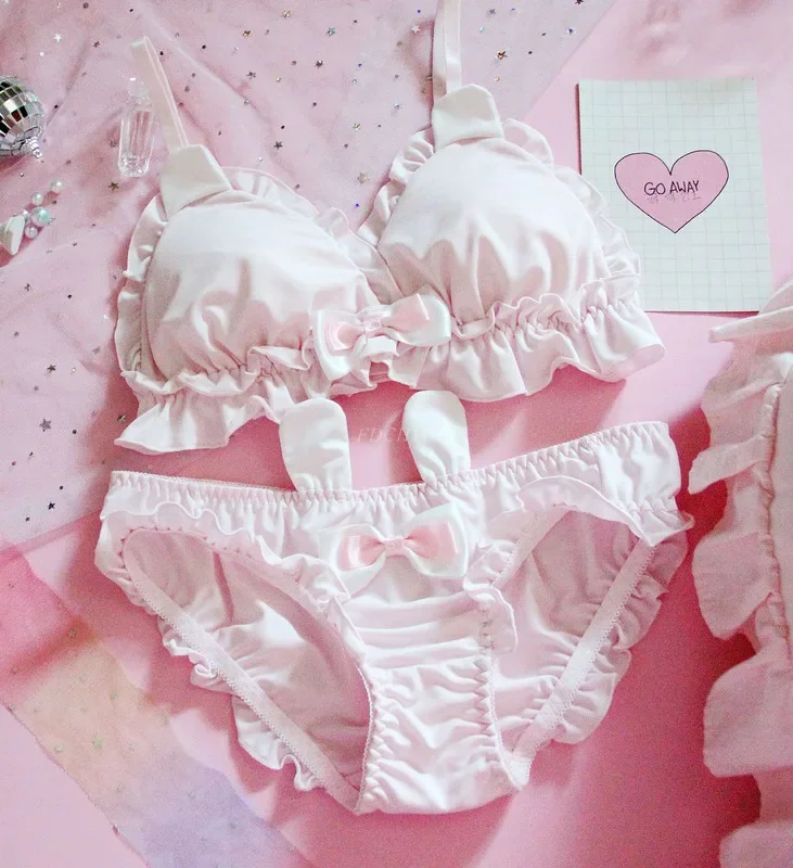 Japanese Lolita Kawaii Bow Ruffle White Underwear Set Sexy Female Cute Rabbit Ears Lingerie Women's Bra & Panties Set Bras