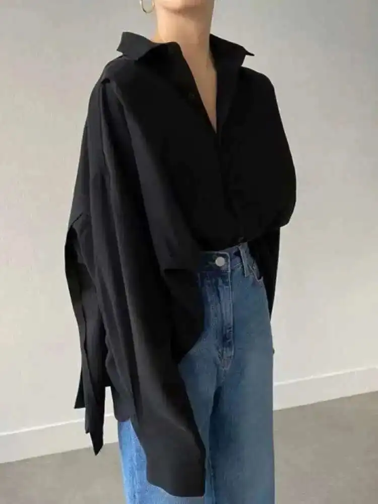 BJTZ Spring Autumn New French Design Sense Back Fold Collar Long Sleeved Shirt Women's Loose Style Shirts Tops HL720