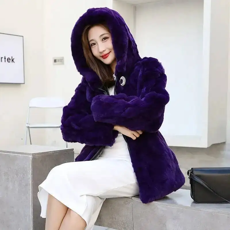 حقيقي ريكس الأرنب الفراء هود معطف فروي امرأة فاخرة موضة جلدية الشتاء سترة المرأة الجلد كله 2025 للإناث القمم الطبيعية #5