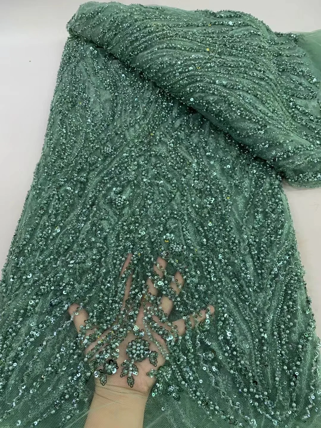 Green African Beaded Tulle Lace Fabric 2026 High Quality French Nigerian Sequins Embroidered Lace for Party Dress Sewing 5 Yards - view 6
