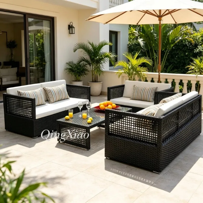 Weather Resistant Wicker Outdoor Leisure Sofa Combination Modern Rattan Furniture For Villa Garden Balcony Elegant Cozy