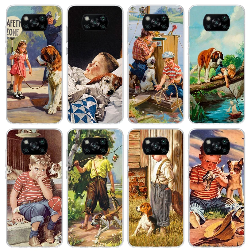 Vintage Children Dog Pets Retro Phone Case For Xiaomi Poco X6 X5 X3 Nfc X4 GT M5S F6 F5 Pro M3 F3 F2 F1 M4 F4 5G Soft TPU Back C