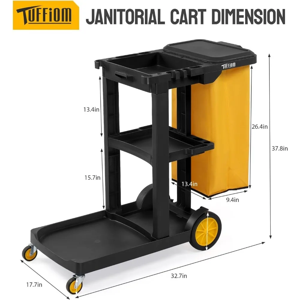 3-Shelf Janitorial Cart with Large 15-Gallon Vinyl Bag Housekeeping Cart Black