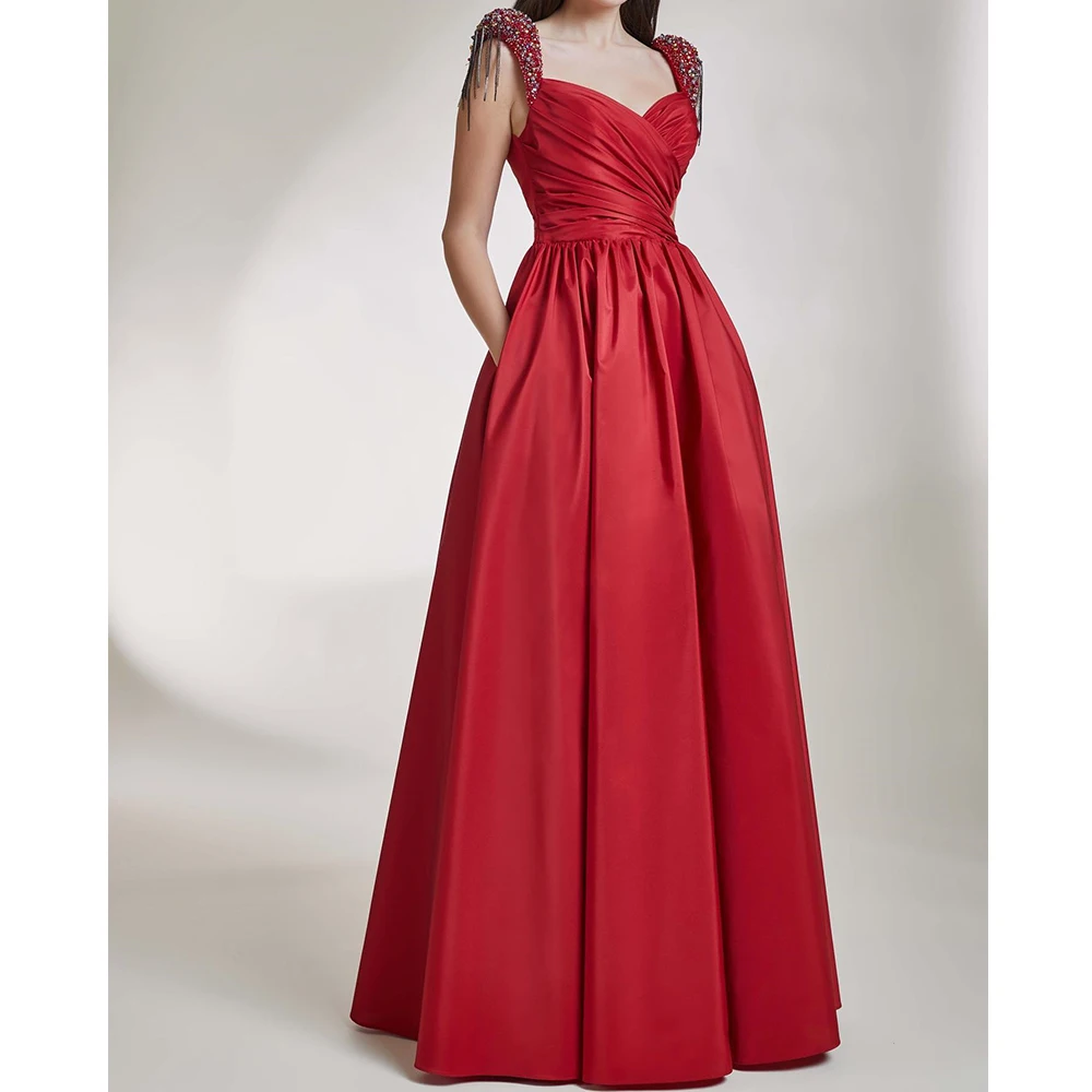 

Customized Temperament Pleat Crystal Square Neck Floor Length Vestidos De Fiesta A-Line Satin Sleeveless Vestidos Para Mujer