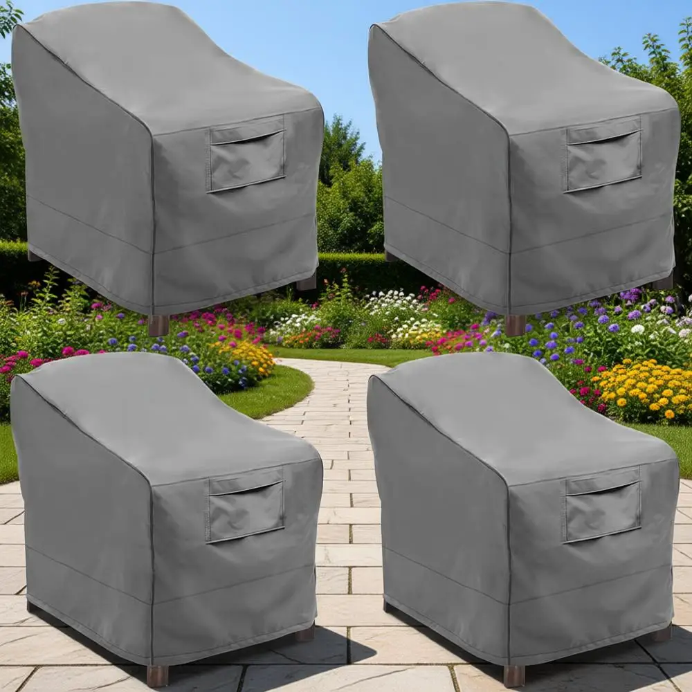 

4-Pack Large Grey Heavy-Duty Waterproof Outdoor Patio Chair and Lounge Seat Covers