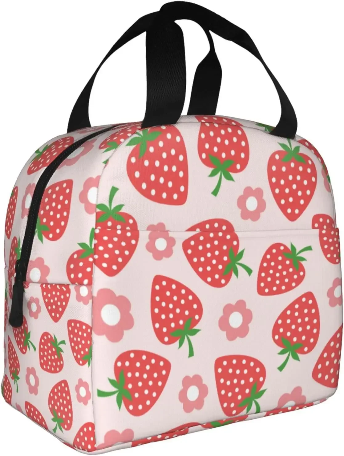 Pink Strawberry Cute Flower Insulated Lun Bag For Men Women Reusable  Box Container Waterproof Portable Cooler Thermal