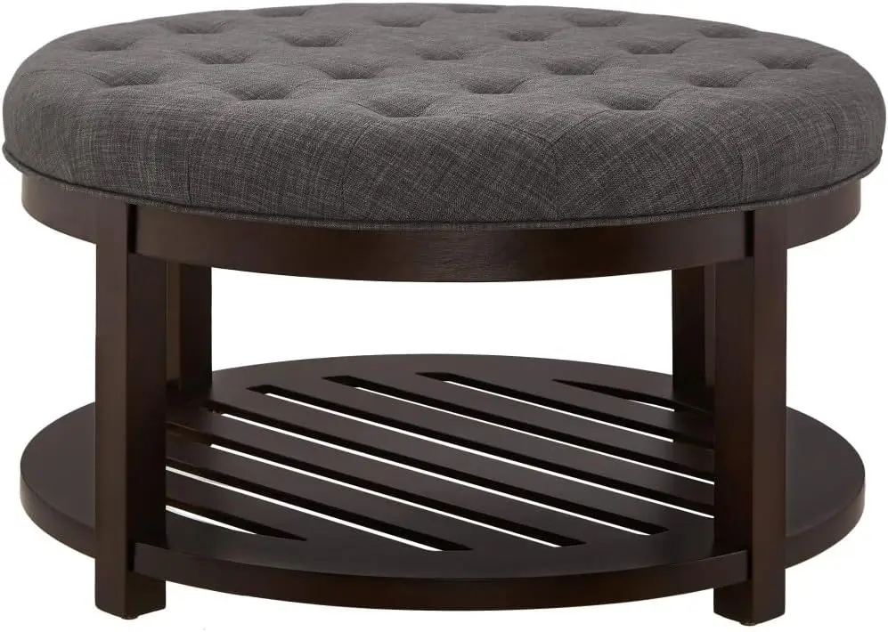 24KF Large Round Upholstered Tufted Linen Ottoman Coffee Table, Large Footrest Ottoman with Wood Shelf Storage-Charcoal