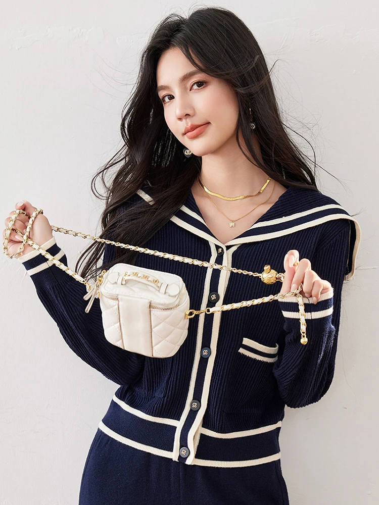 Autumn Winter Women Navy Blue Knitted Cardigans Fashion Loose Sweet Single Breasted Sailor Collar Pullover Sweater