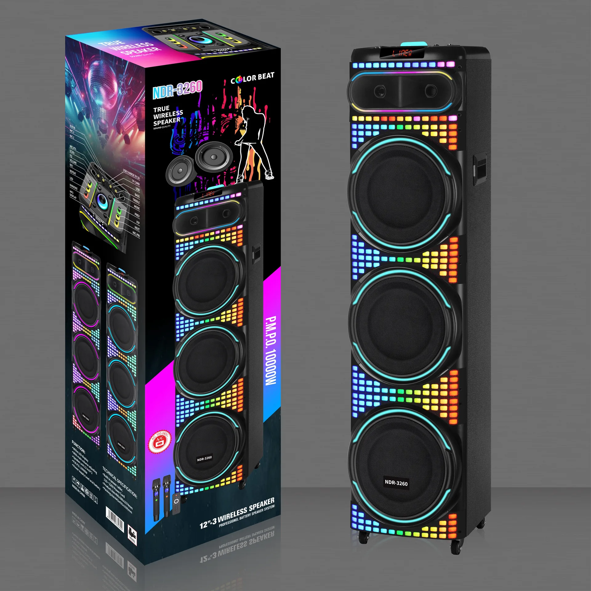 NDR-3260 12-inch Kara Mobile High Power Speaker RGB LED Lighting Mini For Stage KTV Square Dance Audio And Home Use