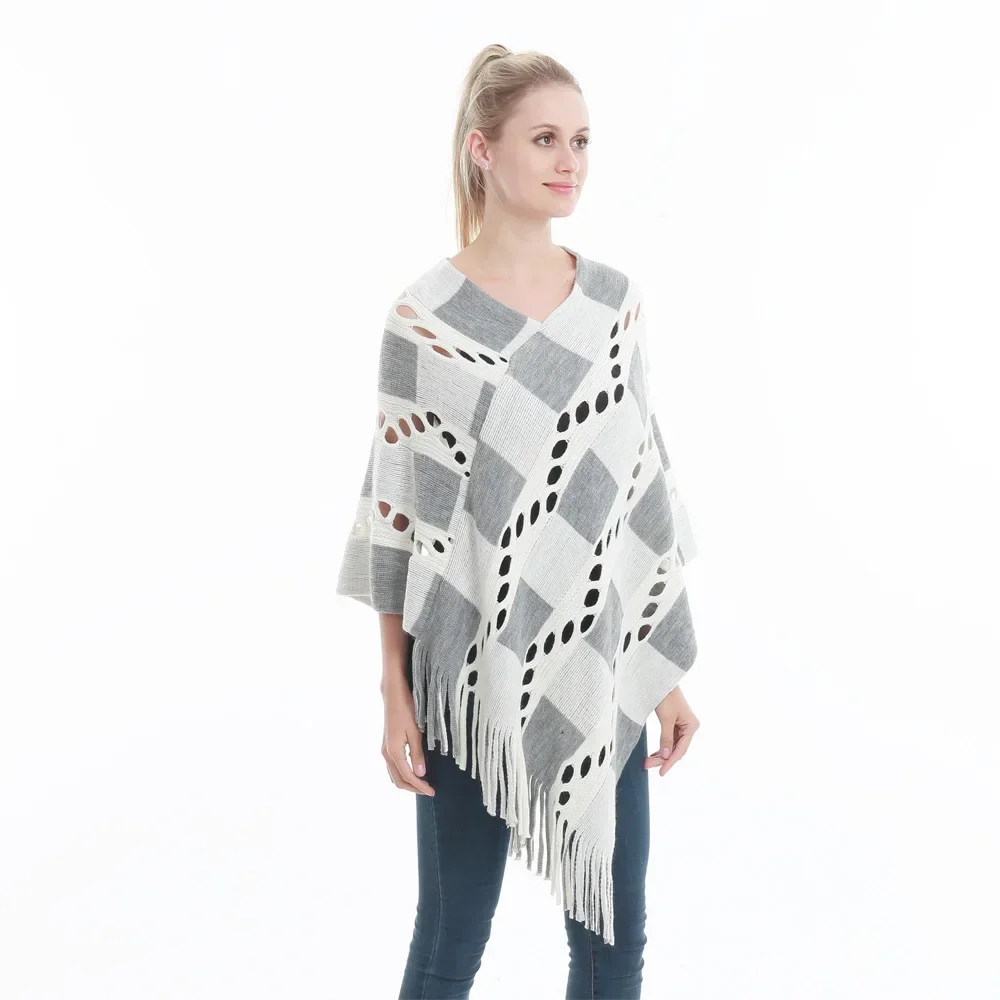Autumn Women V Neck Hollow Out Sweater Knitted Tassel Shawl Poncho Plaid Irregular Tops Cape Coat Dropshipping