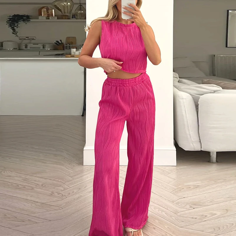 

Women Elegant Pleat Elastic Waist Loose Suit Fashion O-neck Pullover Vest & Straight Pant Set Casual Solid Long Pant 2Pc Outfits