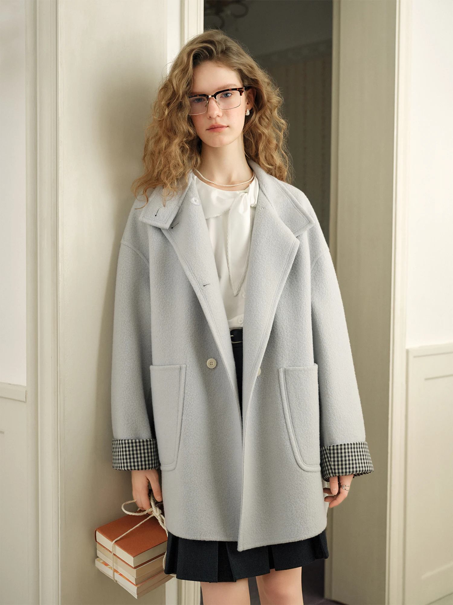 DUSHU Preppy Style Plaid Patchwork Double-breasted Casual Wool Coat for Women New Winter 100% Wool Coat Loose Leisure Daily