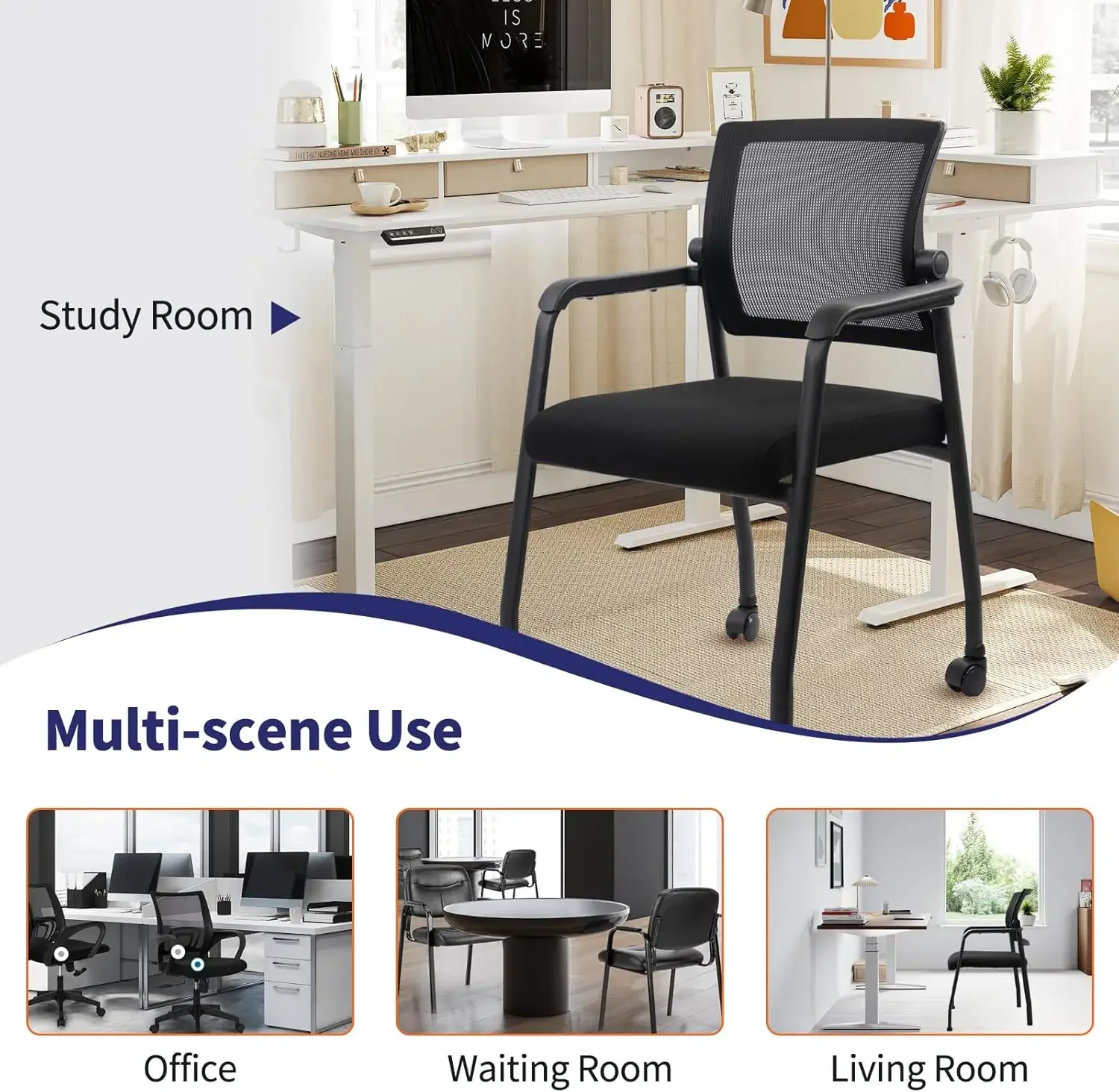 Waiting Room Chairs with Wheels, Adjustable Mesh Backrest, Desk Chair with Ergonomic Lumbar Support and Thickened Seats Cushion,