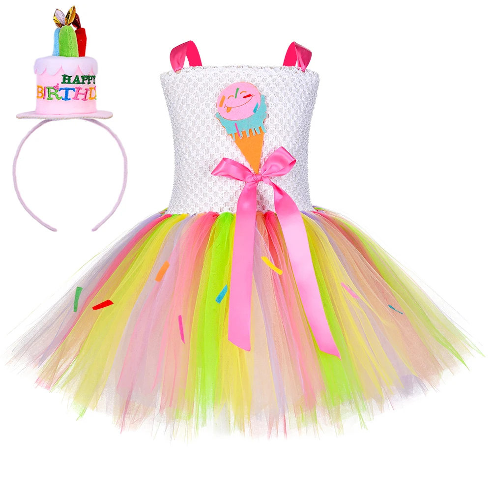 Ice Cream Cone Costume Kids Birthday Party Tutu Dress Sweet Rainbow Candy Tulle Princess Dress Baby Kids Carnival Holiday Dress