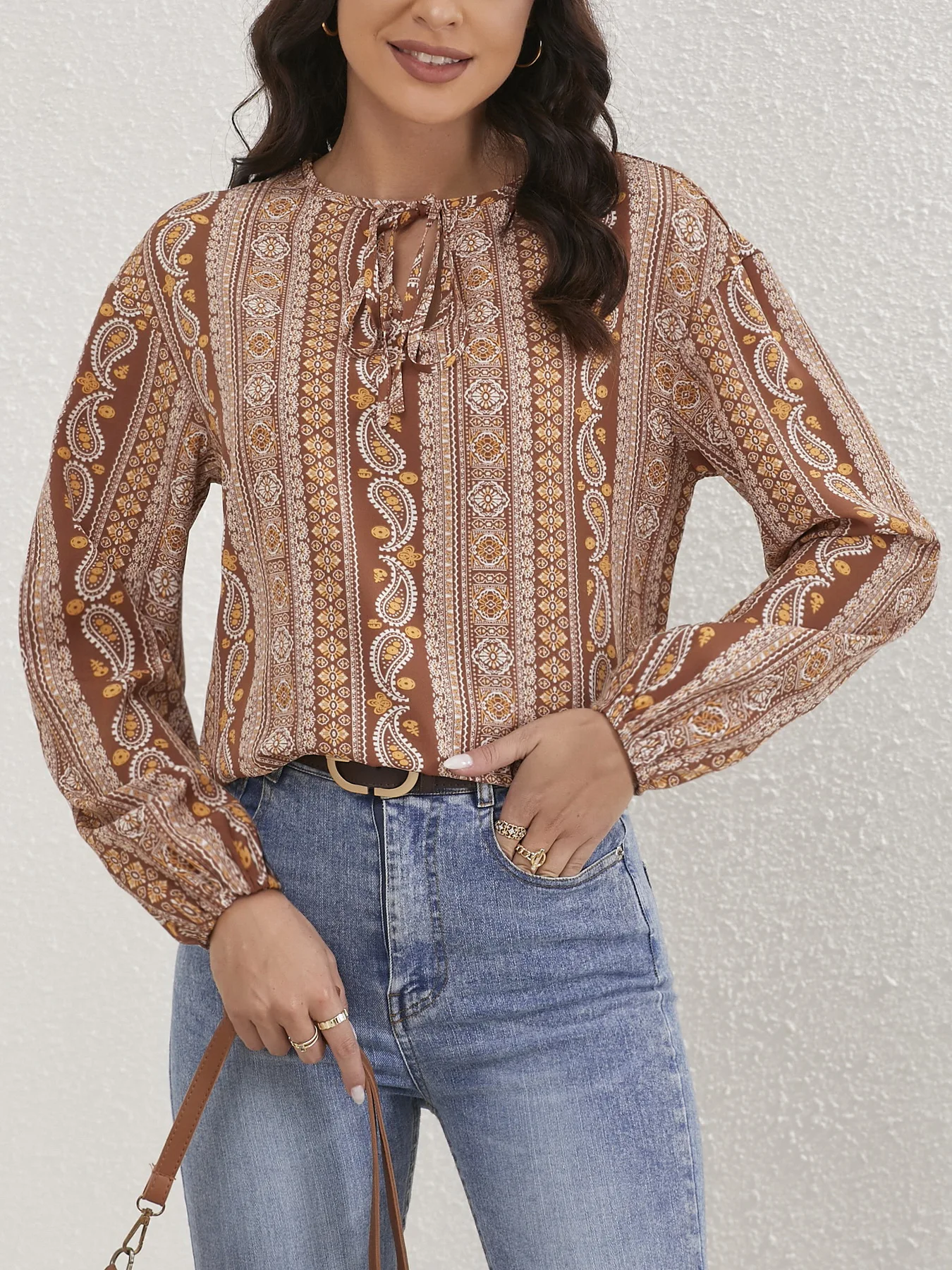 Ladies Paisley Print Tied Crew Neck Blouse Casual Long Sleeve Blouse Women Tops Shirts