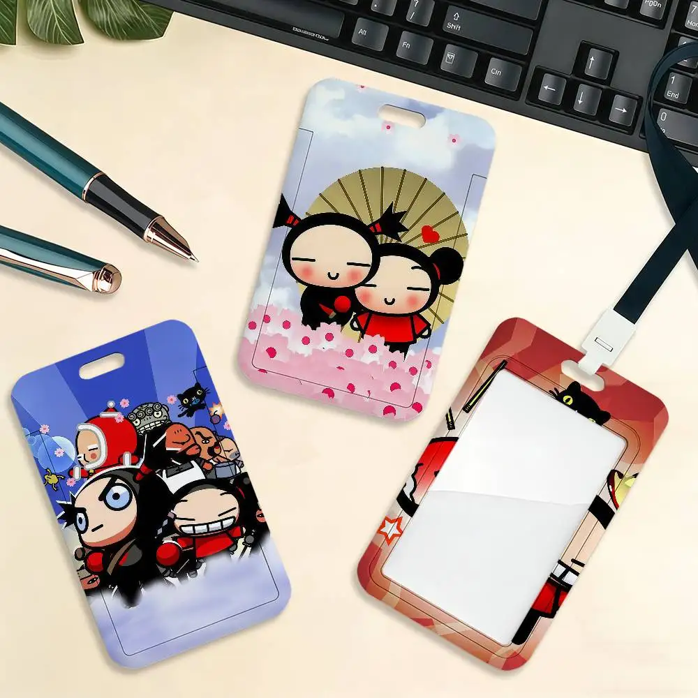 Cute Pucca and Garu  Card Holder Cardcase Bus Subway Work Permit Student Lanyard Neck Straps Badge Holder