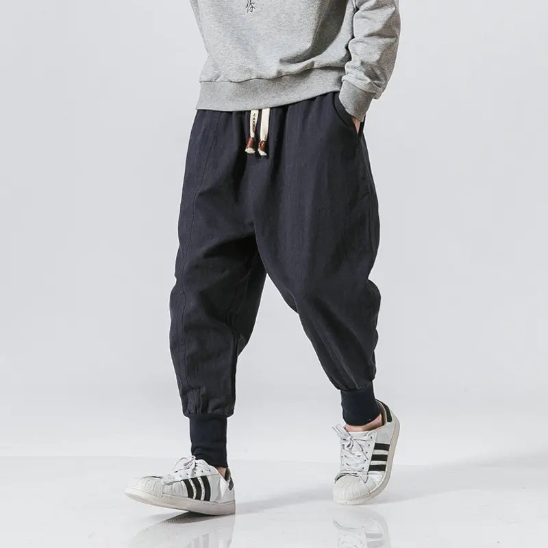 Spring Casual Oversize Harem Pants Men Streetwear Solid Color Harajuku Baggy Pants Cotton Linen Elastic Waist Joggers For Man