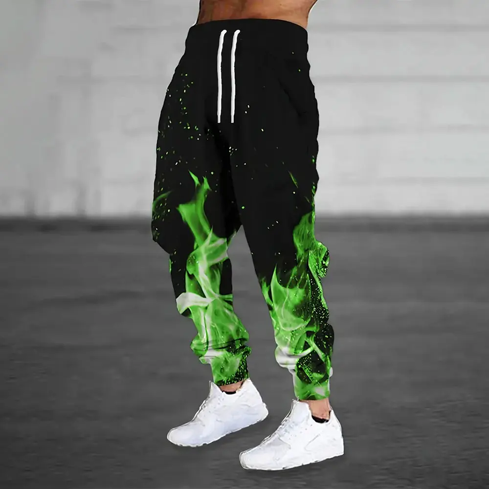 Men Sweatpants Fashion Green Flame Print Sweatpants Men Loose Casual Pocket Drawstring Sweatpants Winter Thick Warm Sweatpants