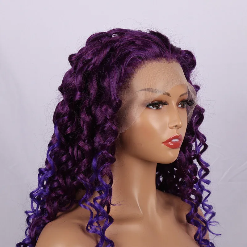 Ombre Purple Afro Curls Długie peruki Syntetyczna koronka z przodu Długie kręcone włosy dla kobiet