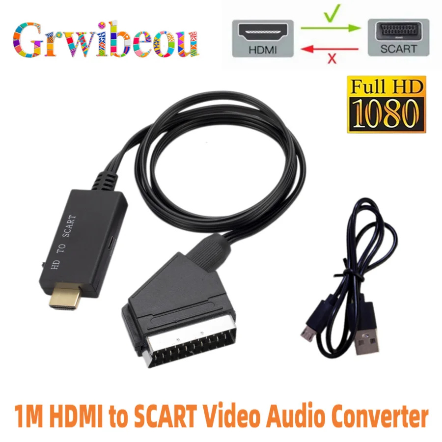 1080P 1M HDMI-compatible to SCART Video Audio Upscale Converter Adapter for HD TV DVD for Sky Box STB Plug and Play DC Cable