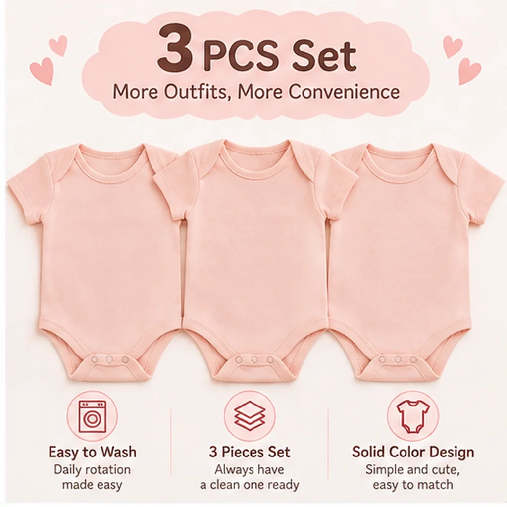 3Pcs Baby Bodysuits Set Solid Pink Short Sleeve Newborn Infant Rompers 100% Cotton Envelope Neck Snap Closure Baby Clothes