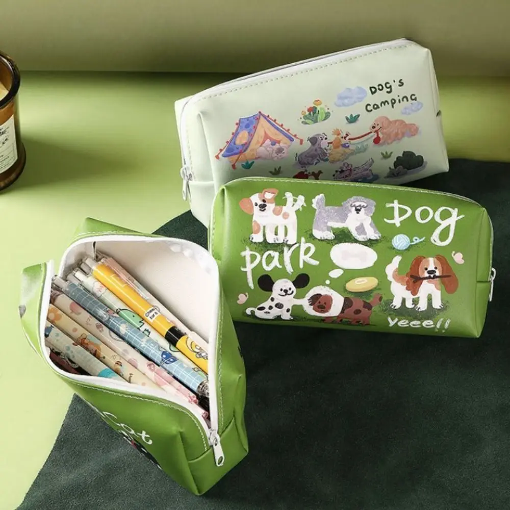 Cat Dog Outing Puppy Pen Bag Leather Large Capacity Graffiti Animal Pencil Bag Zipper Cosmetics Stationery Storage Bag