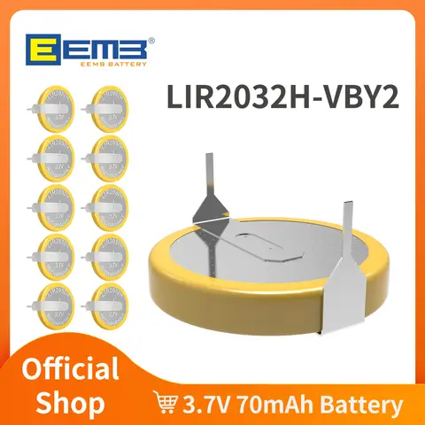 EEMB LIR2032H 대용량 충전식 배터리, VBY2 솔더 탭, 70mAh 3.7V 리튬 이온 코인 단추 셀 배터리