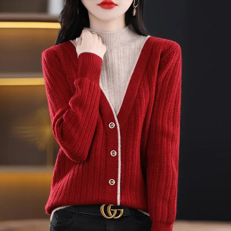 2023 Autumn Winter New Half High Neck Sweater Women Contrast Button Korean Simple Loose Splice Fake Two Piece Long Sleeve Tops