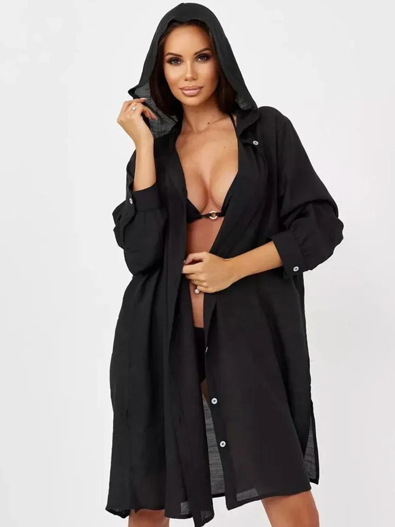 2025 novo botão sólido praia cobrir mulheres manga longa cardigans conjuntos de biquíni cobrir feminino verão beachwear banho cobrir