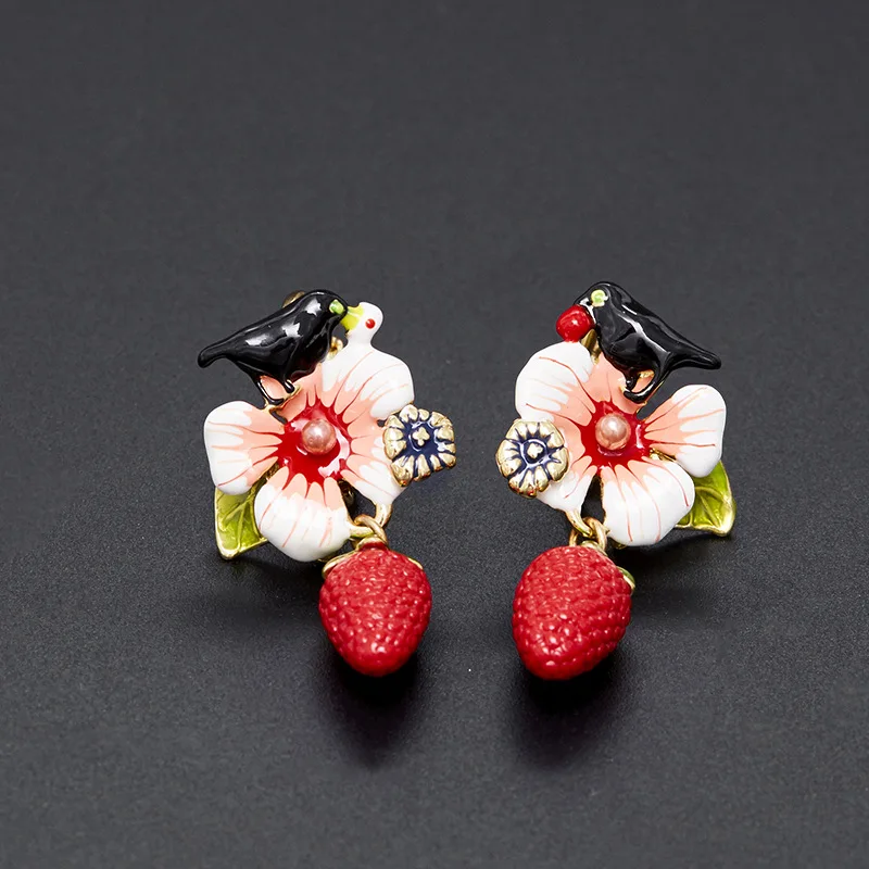 Fashion Temperament Enamel Glazed Pearl Black Swallow Bird White Flower Red Strawberry Fruit Pendant Earrings Ear Hanging Female